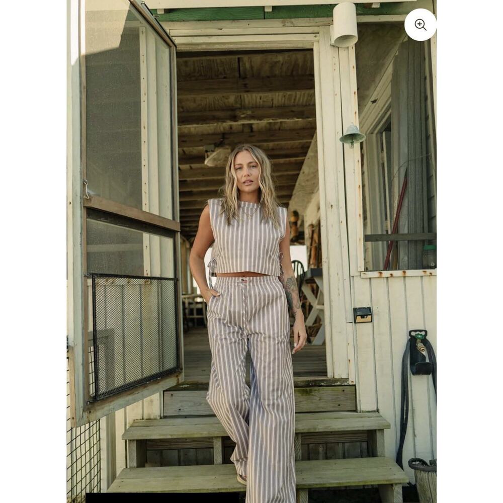 Tribe Kelley GRAYTon Tank Wide Leg Pant Summer Set Mocha Stripe cotton W XL